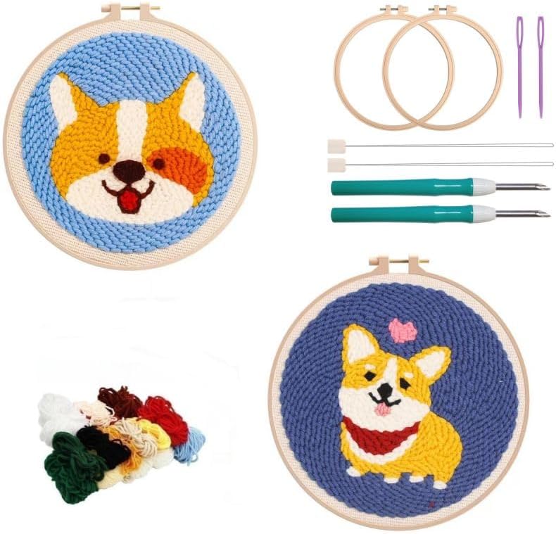 2 Pack Easy Punch Needle Embroidery Corgi Dogs Starter Kits for Kids and Adults Beginners with Punch Needle Tool,Threader, Stamped Fabric Embroidery,Hoop,Pen, Punch Needle Kits