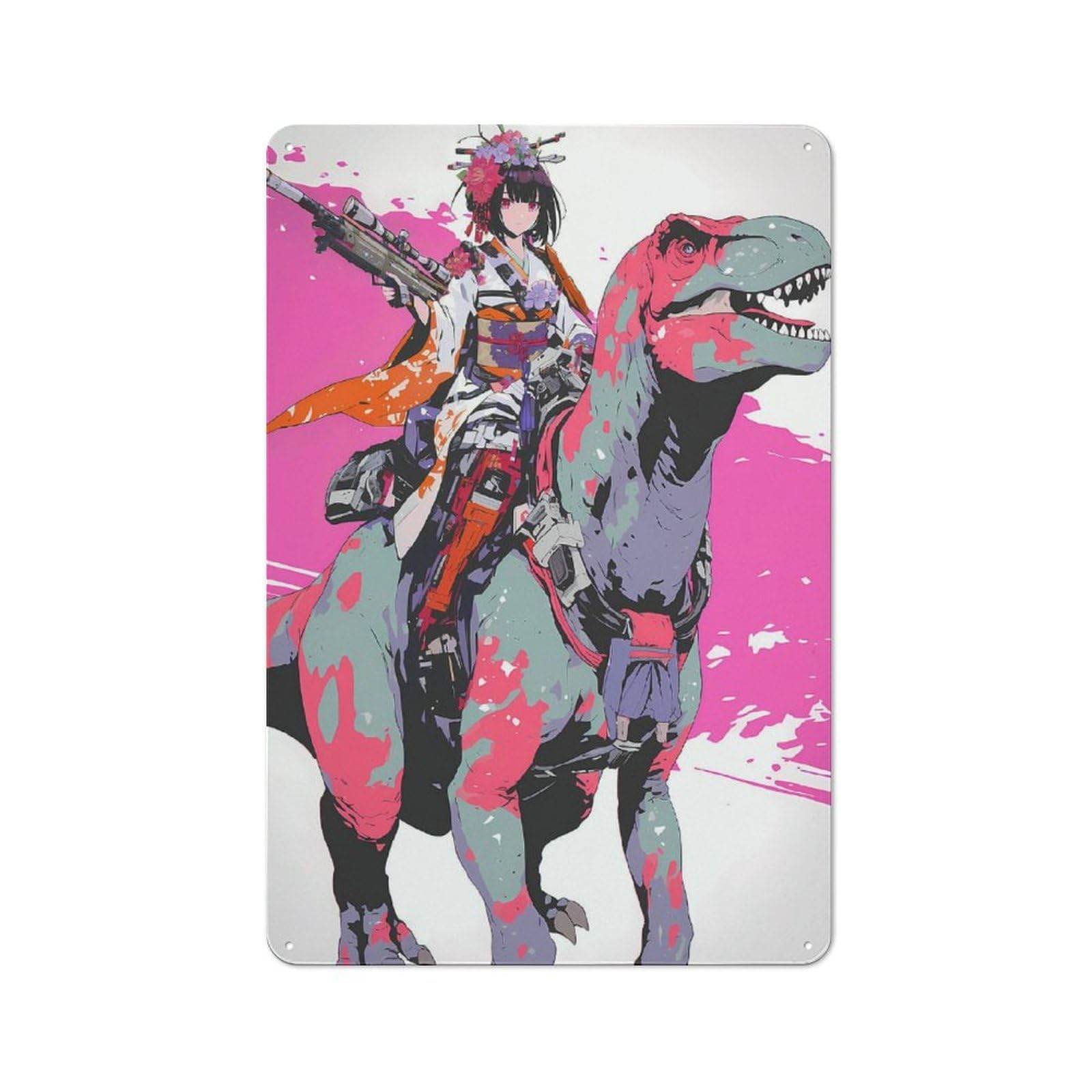 Junmoney Style-19 Industrial Tin Wall Sign 30X20cm Featuring T Rex Geisha Sniper, Urban Room Decor For Workspace, Cafe, Hallway Or Garage
