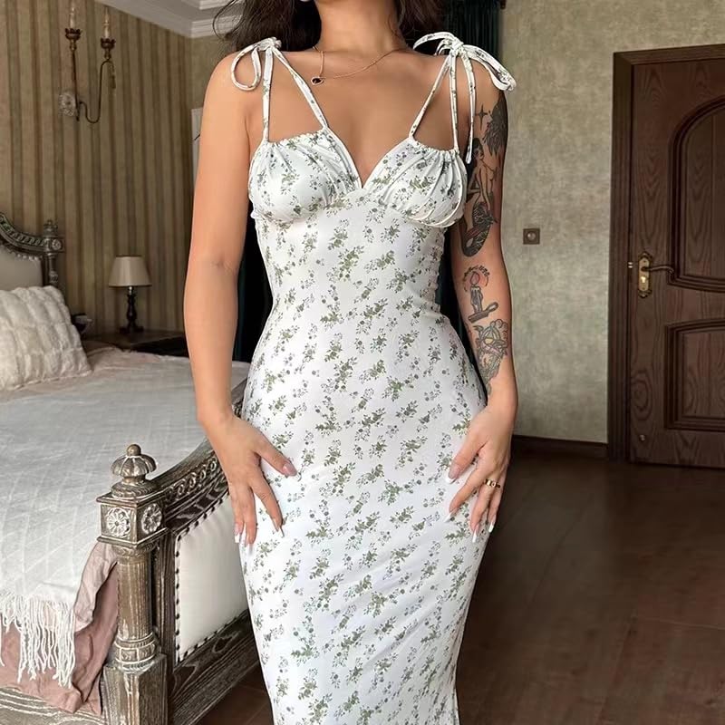 Image of Women Floral Printed Spaghetti Strap Maxi Dress Long Dress Backless Tie Shoulder Mermaid Dress