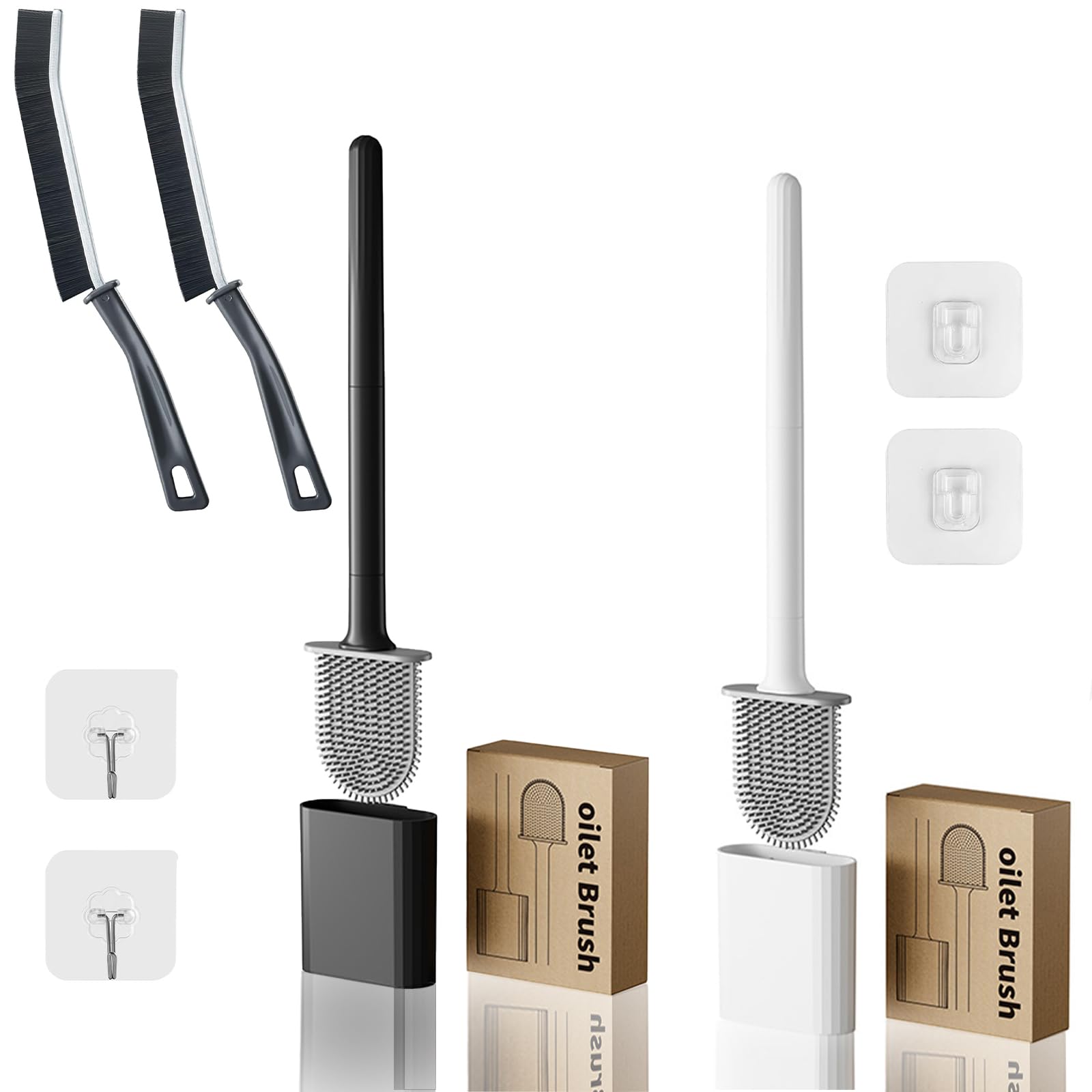 4 Pack Escobillas WC, Escobilla de Baño Silicona,Escobillero y Soporte, Montada en la Pared, Escobillero De Pared para La Limpieza del Baño, Negro Blanco