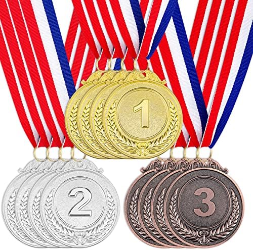 12 Pieces Award Medals 1st 2nd 3rd (Gold, Silver, Bronze) Metal Olympic Style Winner with Neck Ribbon, 2 Inches