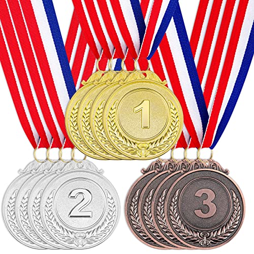 12 Pieces Award Medals 1st 2nd 3rd (Gold Silver Bronze) Metal Style Winner with Neck Ribbon 2 Inches