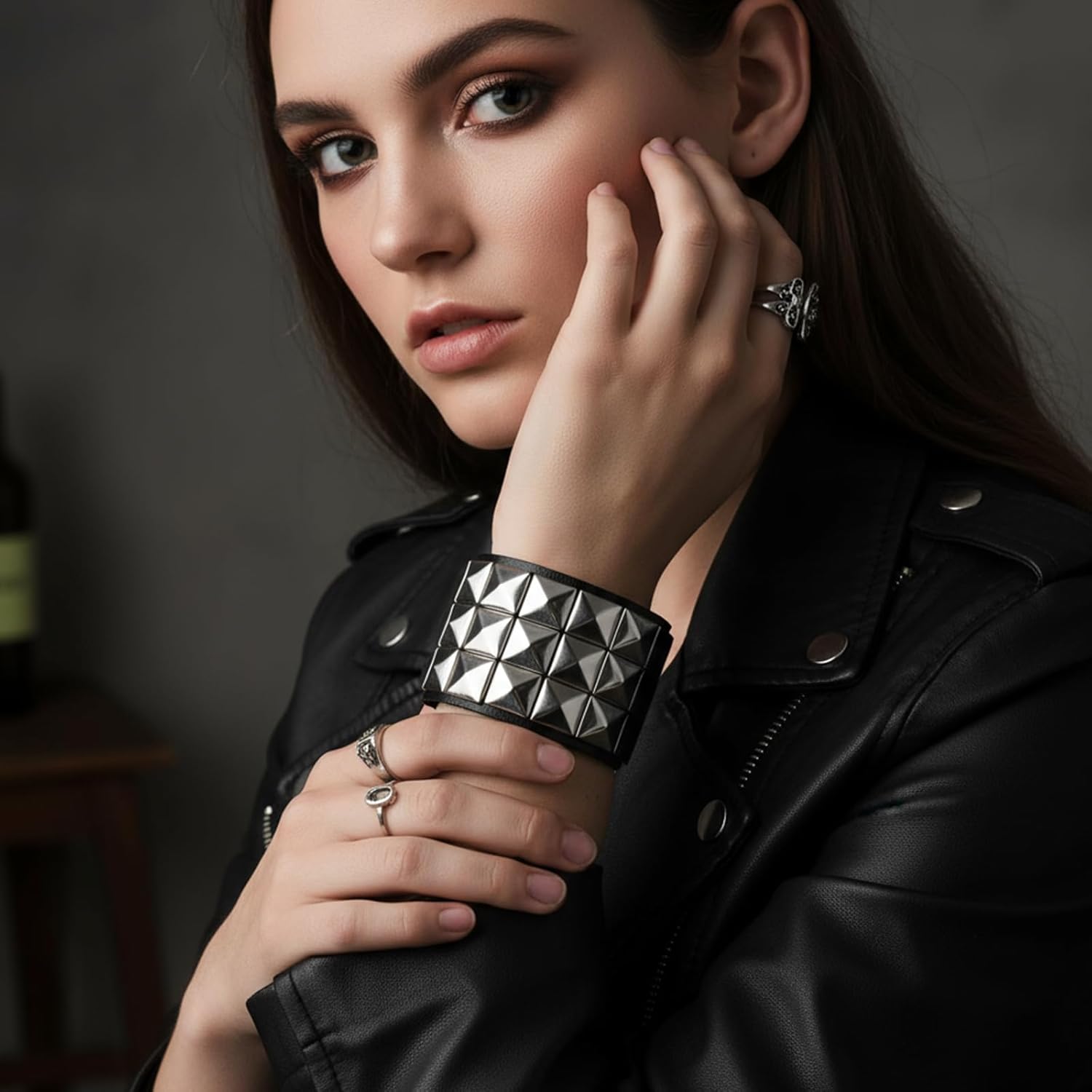 3 Piece Adjustable Goth Bracelets Punk Rock Studded Bracelets Black Spiked Leather Cuff Bracelet for Men Women 80s Retro Style Wristband Halloween Party Accessories - Image 3