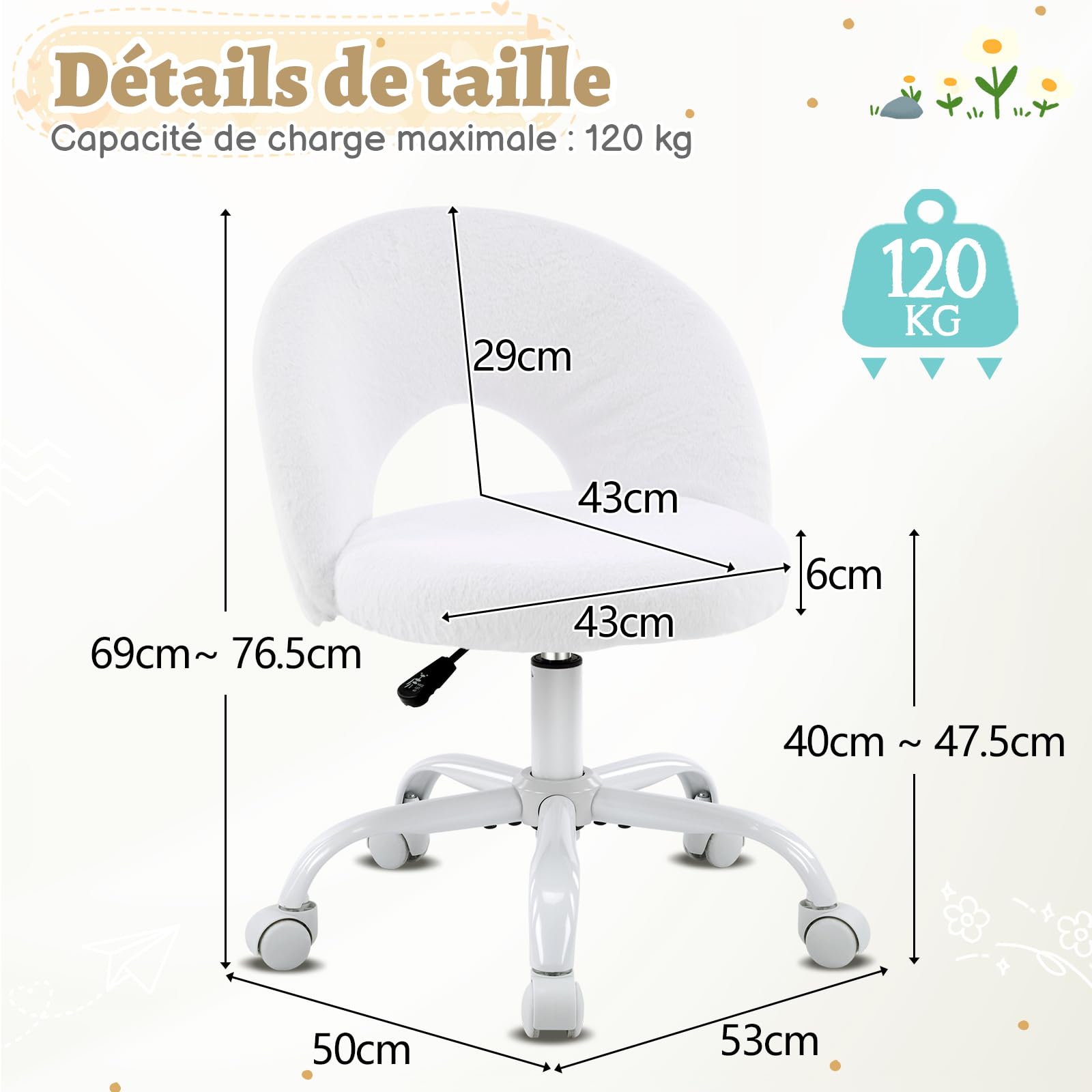 Bonnlo Chaise de Bureau Esthétique sans Accoudoirs, Petite Chaise Confortable, Fauteuil de Coiffeuse avec Support Lombaire, Chaise Pivotante pour Bureau, Chambre, en Fourrure de Lapin (Blanc)