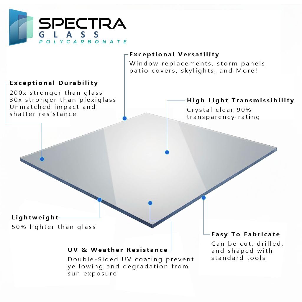 Spectra Glass Clear Polycarbonate Plastic Sheet. Stronger Than Plexiglass Sheets. UV, Impact, Weather Resistant. Sizes Nominal Cut Within +-1/8". Made in USA. 12" x 24" (1/16" Thick)