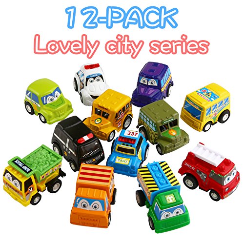 Funcorn Toys FBA_761560551646 Pull Back Car, 12 Pack Assorted Mini Plastic Vehicle Set, Pull Back Truck And Car Toys thumb #4