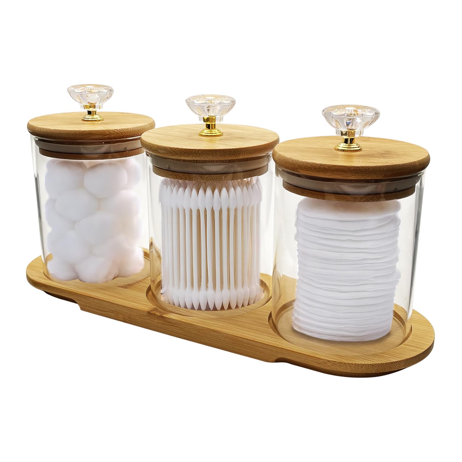 Qtip Holder Dispenser Bathroom Set with Bamboo Tray, 14 oz Airtight Glass Jars Organizer with Diamond Lid for Cotton Ball, Cotton Swab, Cotton Round Pads, Floss Picks, 3 Pack