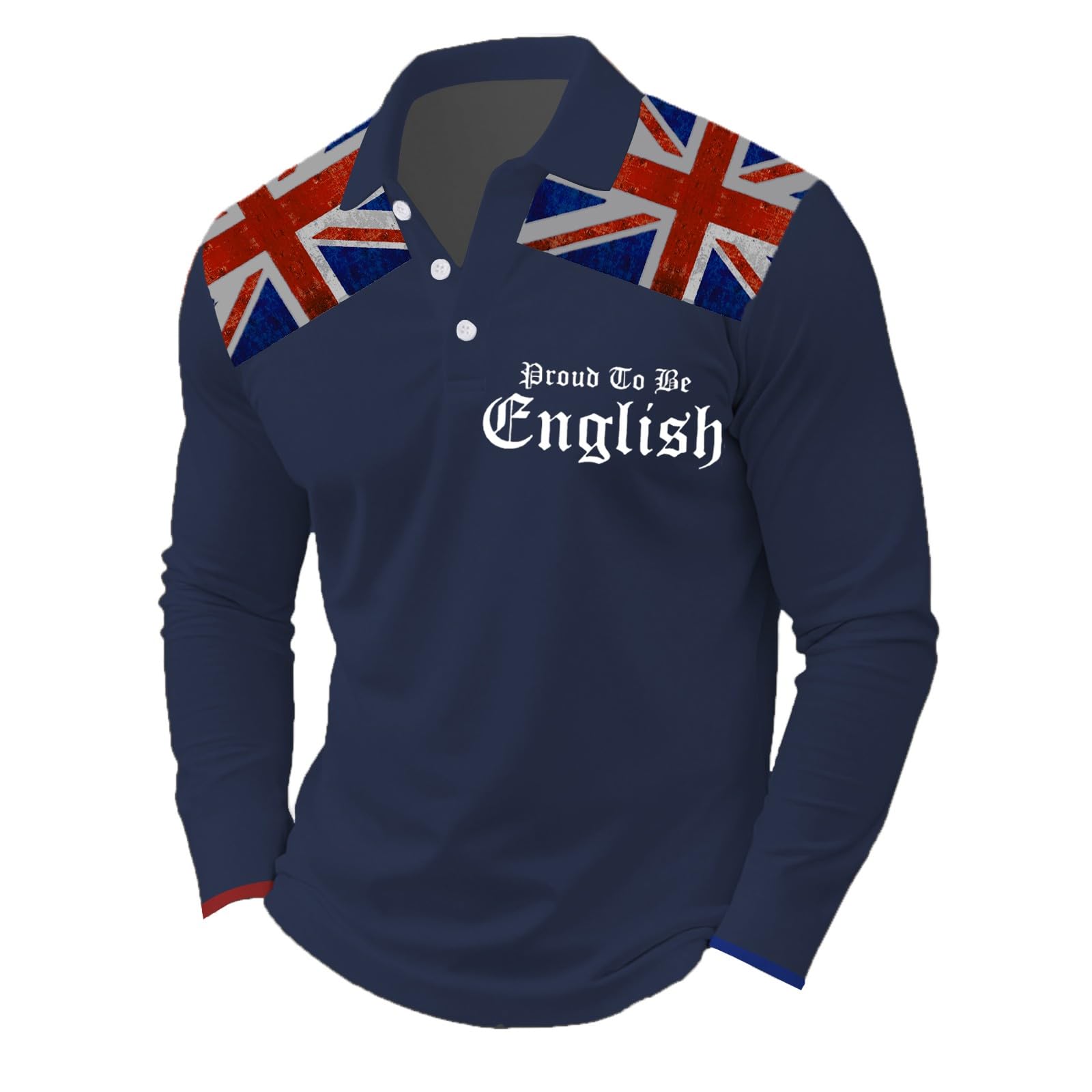 Men's Long Sleeve Union Jack Polo Shirt - Proud to Be English Graphic Print Rugby Top - Casual British Flag Collar Tee for UK Patriotic Events Gifts for Men Navy