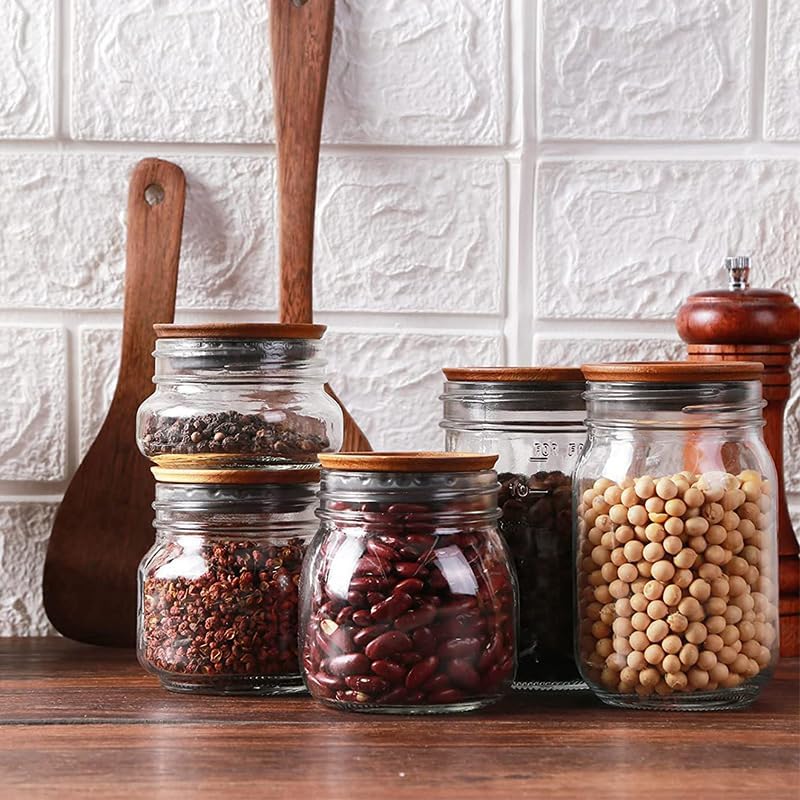 Miniatura 5 de Baomifa Paquete de 6 tapas para tarros de masón de boca regular con sellos de silicona herméticos, tapas de madera para conservas reutilizables,