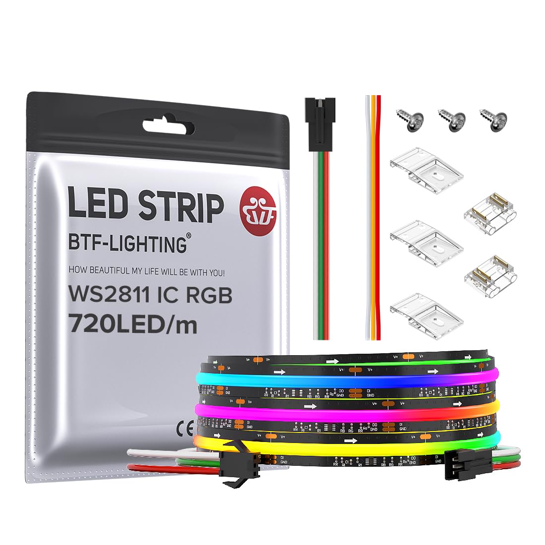 BTF-LIGHTING FCOB WS2811 IC RGB COB LED Strip DC24V 720LED/m 9.8FT Flexible High Density Uniform Chasing Color Light 20IC/m 12mm Width Black PCB for