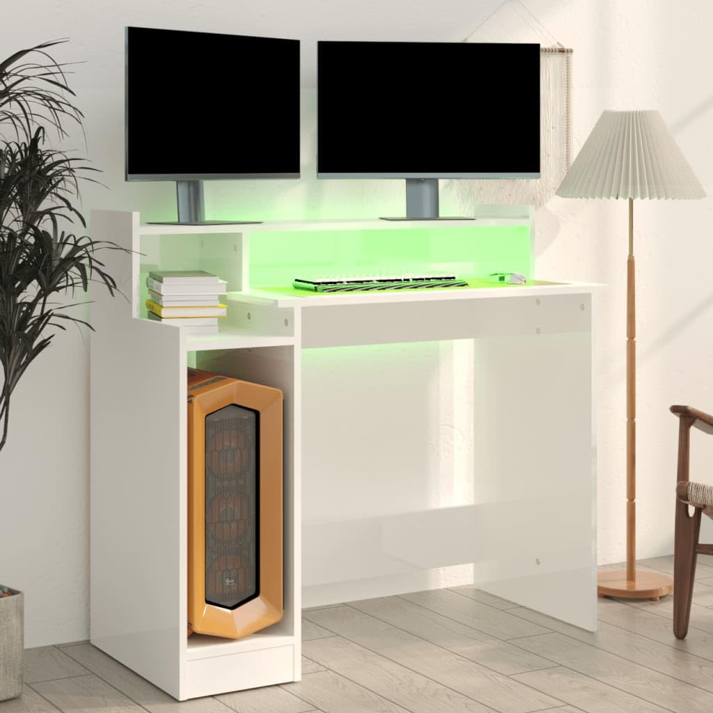 Bureau en Bois d'ingénierie Blanc Brillant avec éclairage LED intégré 97x45x90cm pour Ordinateur, étude, Gaming, Meuble de Travail, Design Pratique et Ambiance Moderne