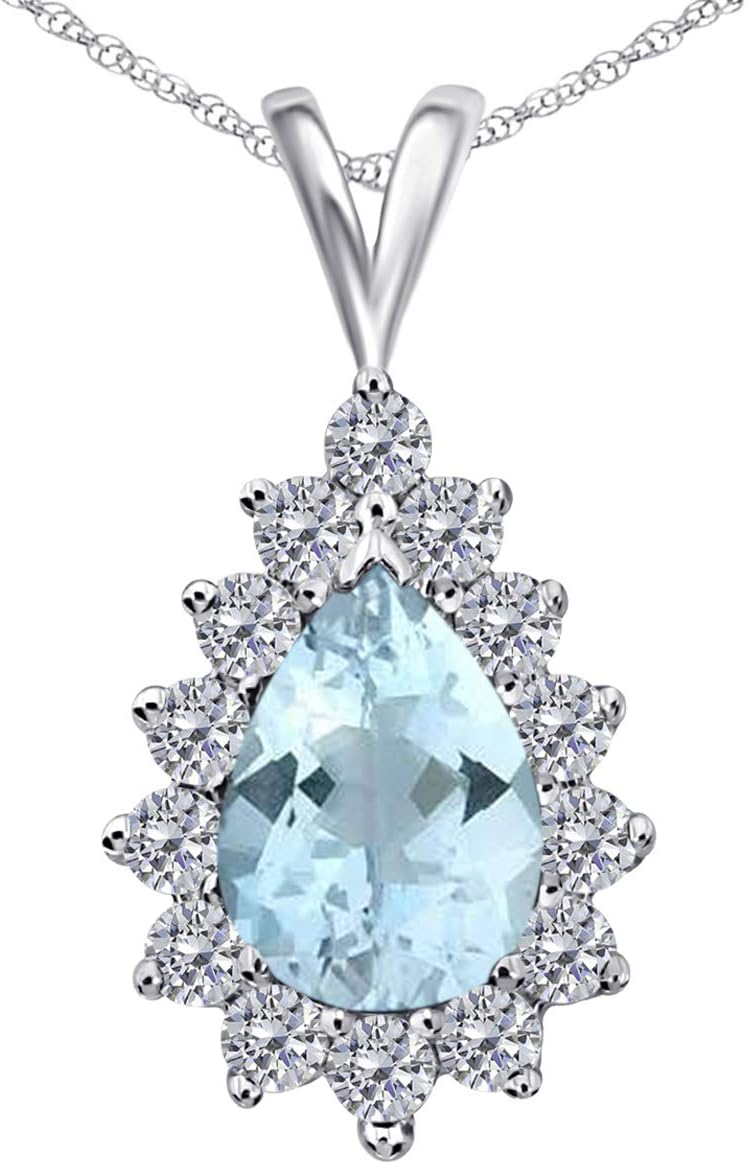 MauliJewels Engagement Necklace 1.55 Carat Aquamarine And Natural Diamond Prong-Setting 10K Gold With 18'' Rope Chain