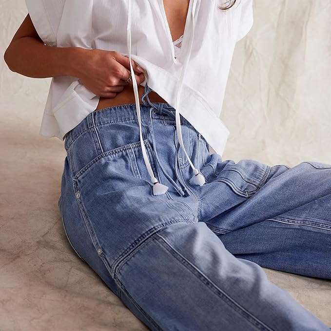 Womens Wide Leg Baggy Jeans Elastic Low Rise Barrel Jean Boyfriend Trendy Horseshoe Denim Pants with Patched Pockets4