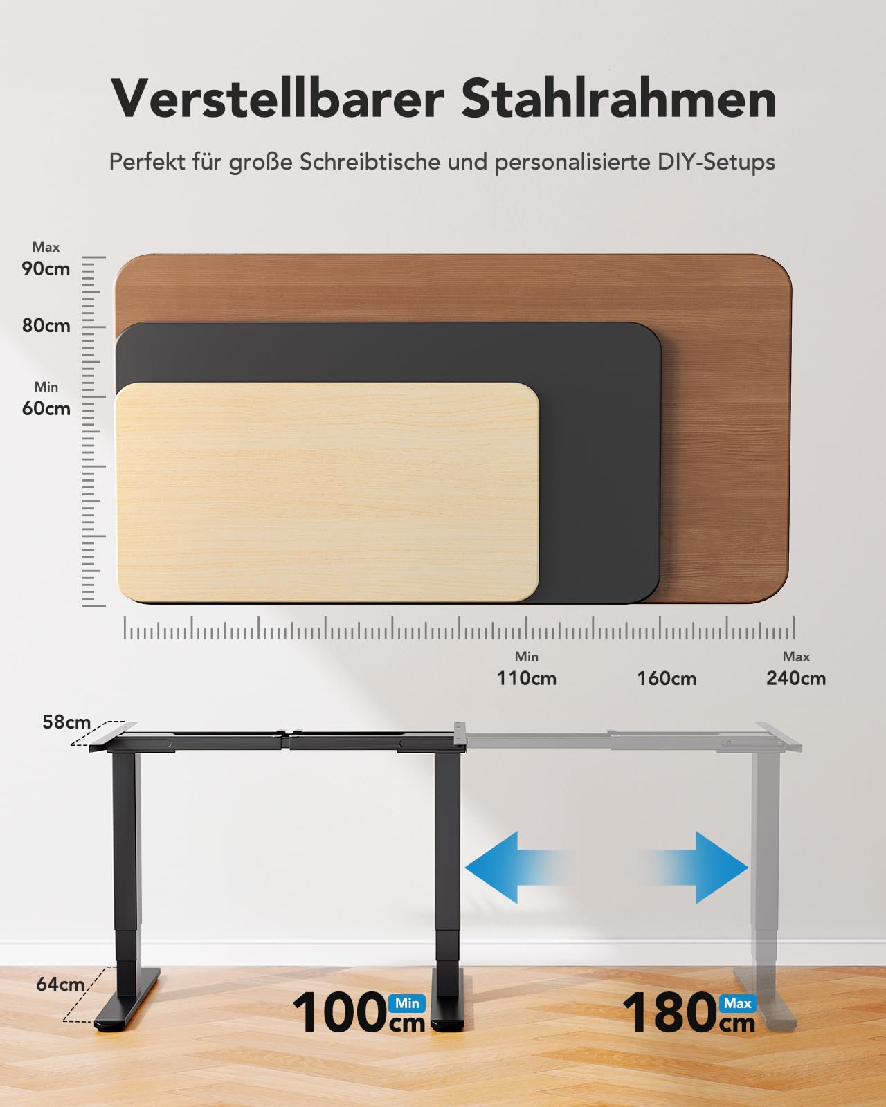 HUANUO 3-stufig Höhenverstellbarer Schreibtisch Gestell mit Zwei Motoren,Tischbeine Höhenverstellbar für Heim & Büro, Heavy Duty Stahl, Memory Controller, nur Gestell
