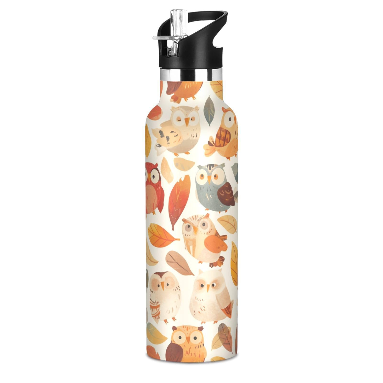 Kaaviyo Boys Pattern Owls Autumn Leaves Water Bottle Stainless Steel Jug Insulated Vacuum Cup For Girls(600Ml)