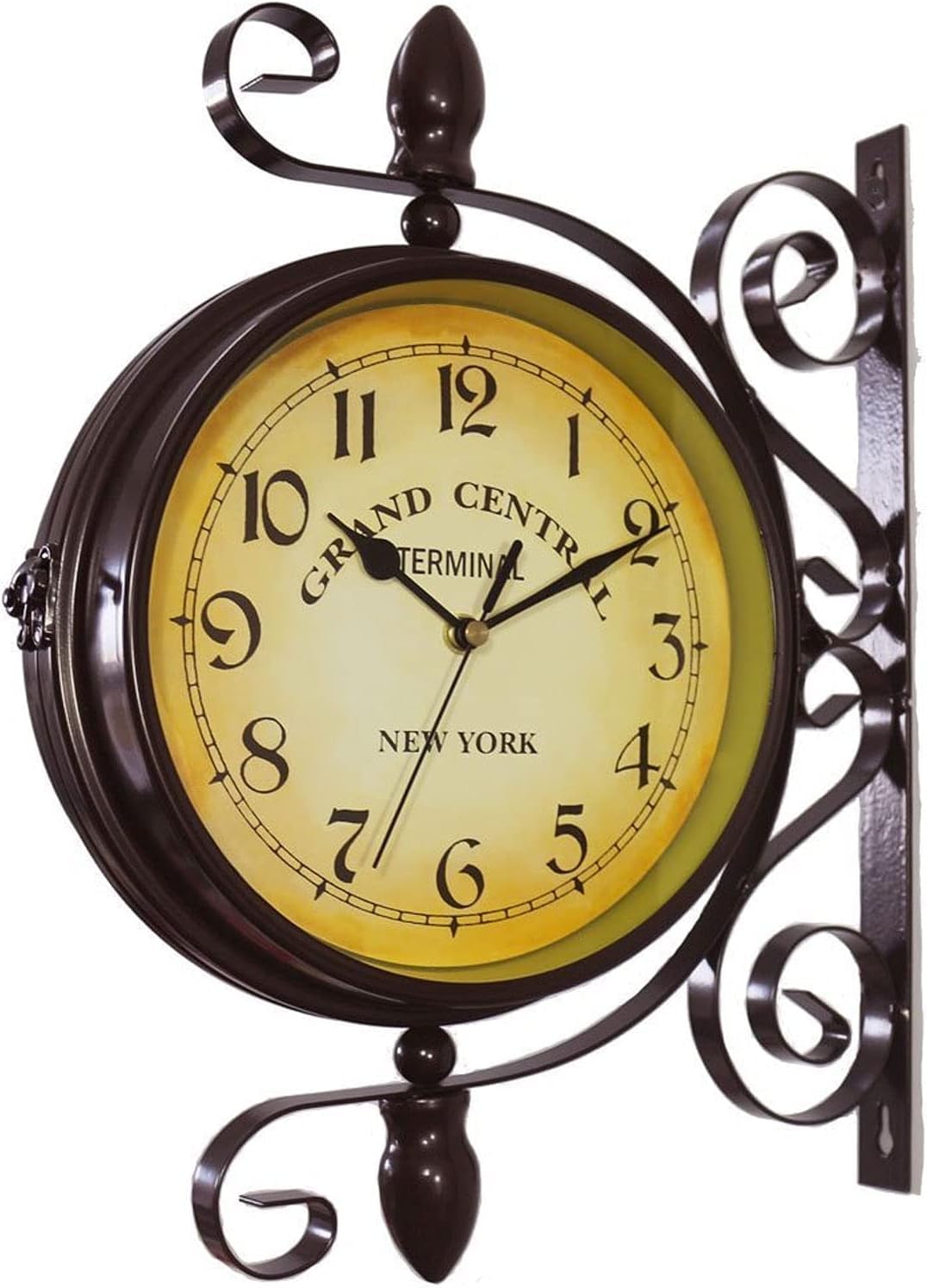 Horloge murale rotative double face rétro en fer forgé - Étanche - Nostalgie noire - Pour gare, salon, porche, couloir, jardin