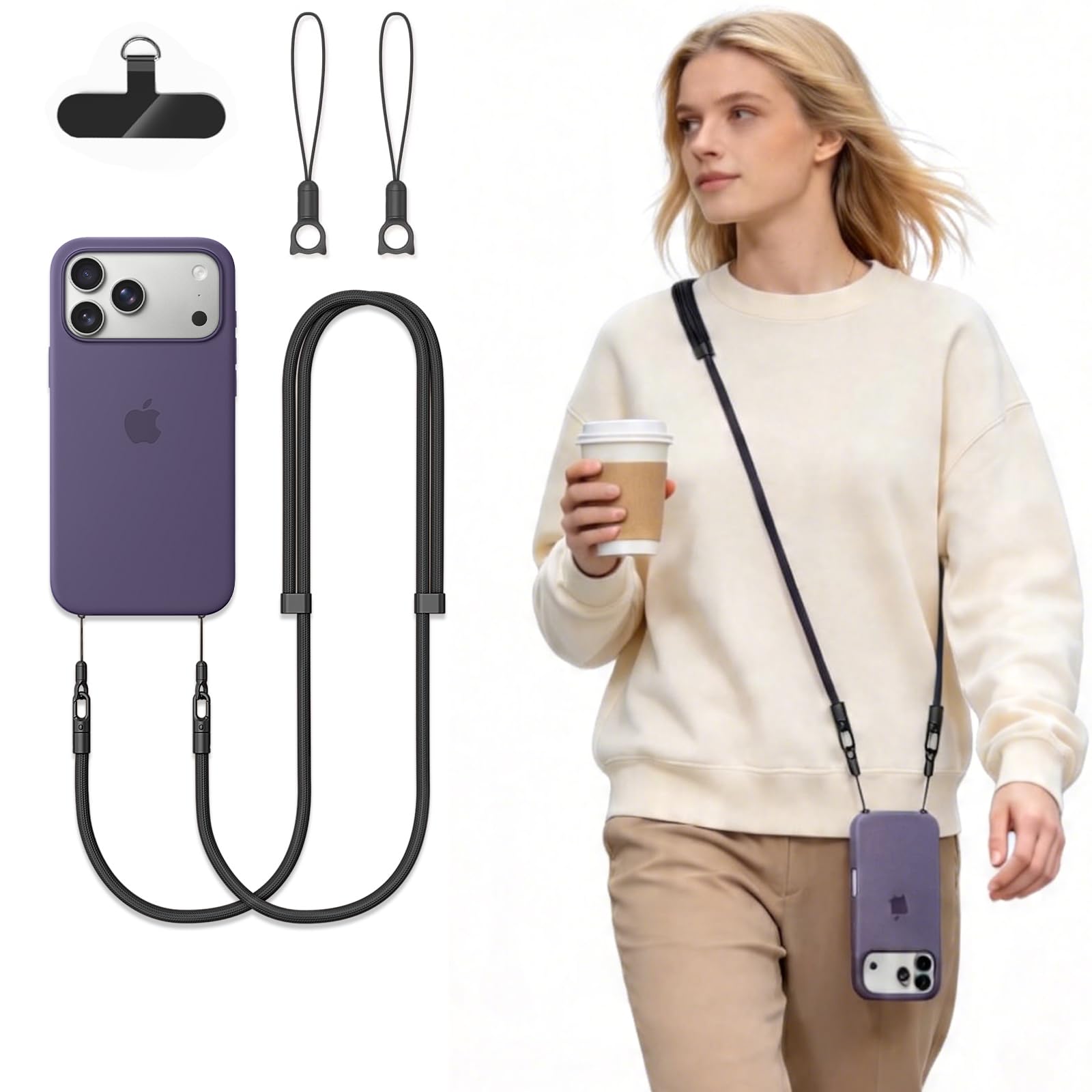 Photo 1 of Phone Lanyard Phone Strap Crossbody Compatible with iPhone 17/Air/Pro/Max All Phone Cases with 2 Charms Dual Holes 1 TPU Tab 360° Hook Adjustable Hands-Free Shoulder Neck Camera Strap Anti Theft Black