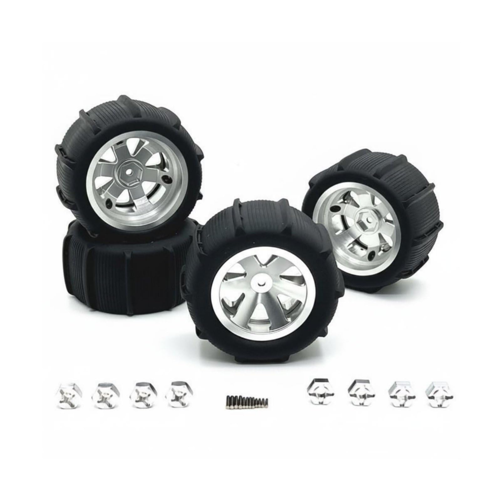 Colcolo Miniature Vehicle Wheels Ruote Rc Cerchio Pneumatici Kit in Lega di Alluminio 6061 Aderenza su Sabbia E Spiaggia con Adattatori 12mm Adatte per Auto, Argento