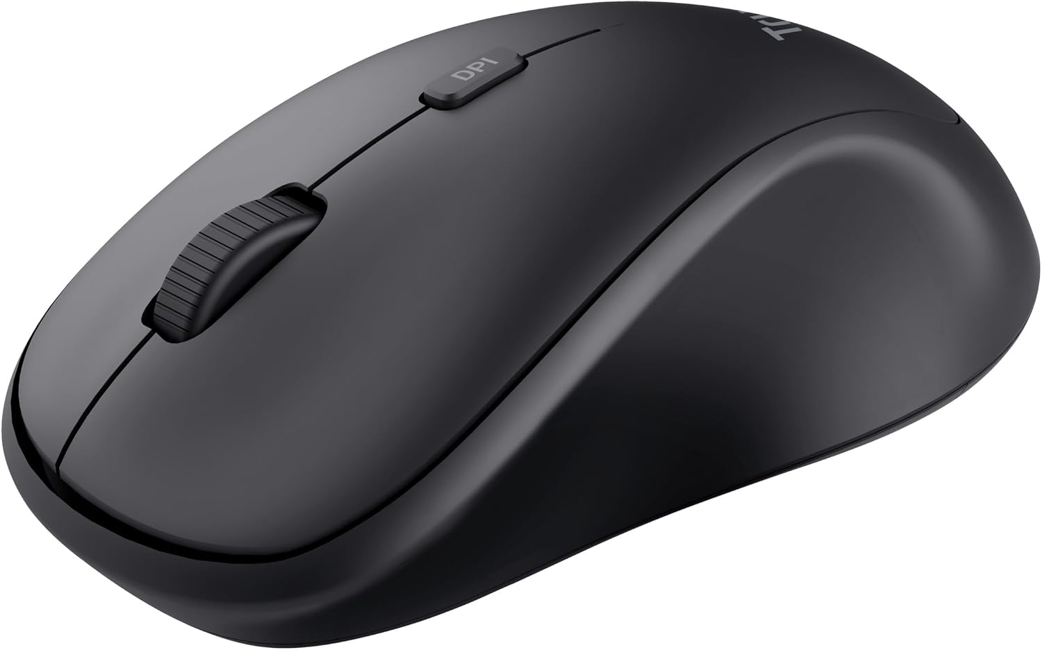 Angled view of the Trust TM-250 Wireless Mouse, showing the scroll wheel and the DPI button.