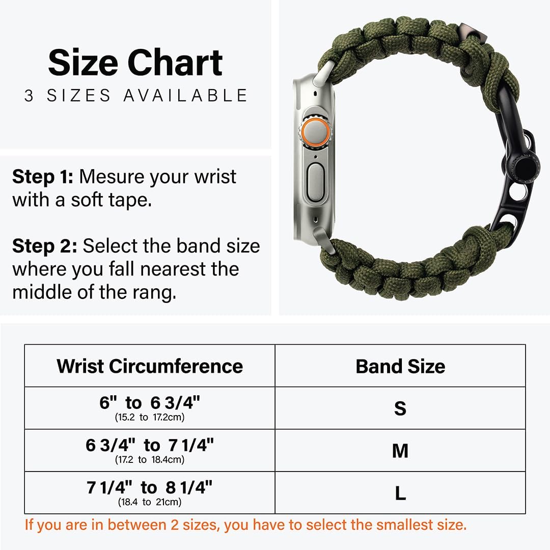 KORDIZ Survivor - Nylon Paracord Apple Watch Band Compatible with Apple Watch ULTRA 3, ULTRA 2 / 1 [49mm] & Series 11, 10, 9, 8, 7-1, SE3, SE2, SE [46mm 45mm 44mm 42mm] - with Stainless Steel Adjustable Shackle
