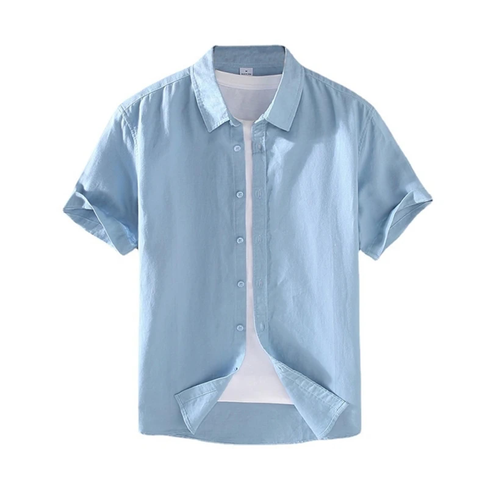 Camicie a maniche corte in lino di cotone per gli uomini casual moda gialla girare giù collare top