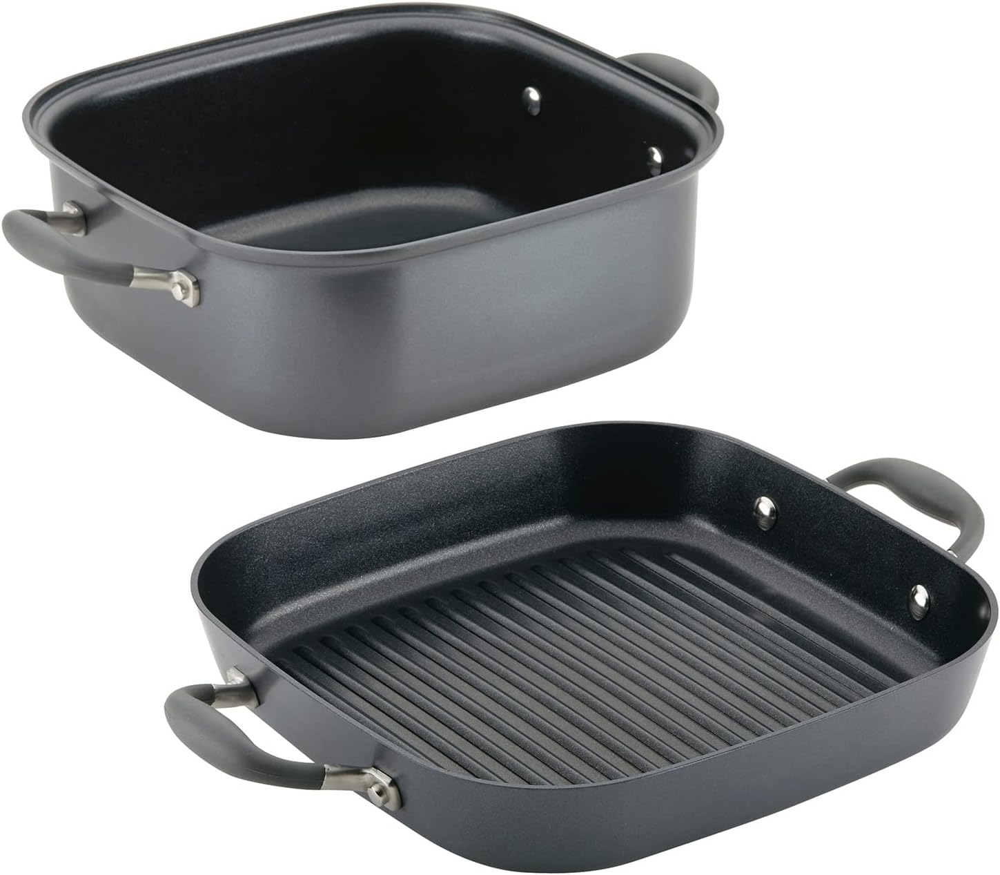 Anolon Advanced Home Hard-Anodized Nonstick Two Step Meal Set (11" Deep Square Grill Pan & 7 Qt. Roaster, Moonstone)