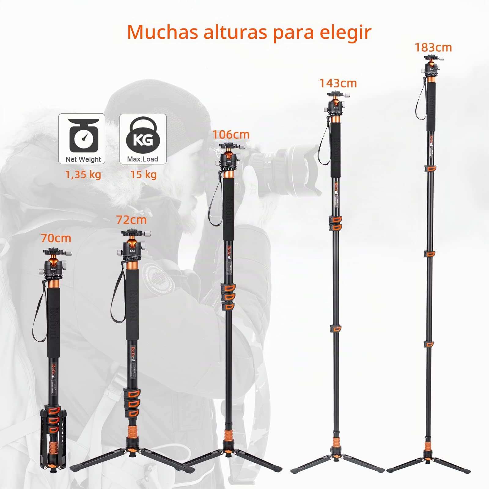 Monopié para cámara, Refoni A304P Monopié Compacto de Aluminio de 183 cm con Cabeza de Bola y Base de 3 Patas, para DSLR, una cámara sin Espejo, un telescopio y un Smartphone hasta 15 kg