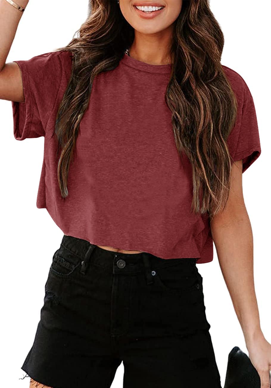 Tankaneo Crop Tops Damen Oversize Sport Oberteile Cropped Shirts Rundhals Loose Bauchfrei Sommertop Kurz T-Shirts.