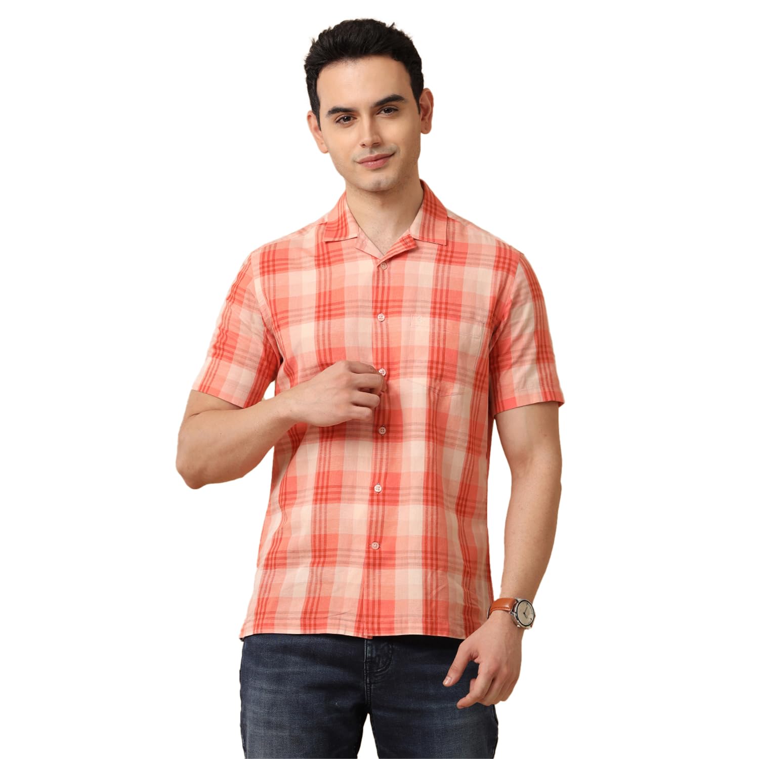 cavallo by linen club Men's Orange Checked Slim Fit Half Sleeve Cotton Linen Casual Shirt-picture-36