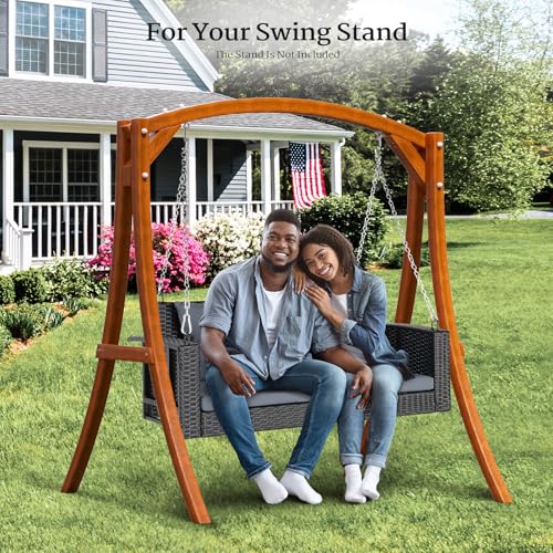 Image of VINGLI 4FT Outdoor Porch Swing, Wicker Patio Swing with Chains, Gray