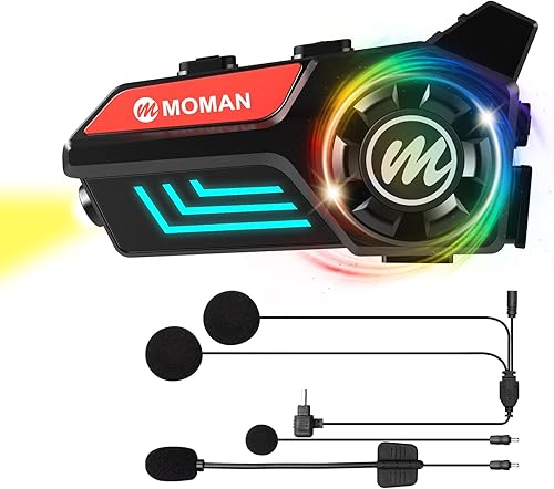 Moman Auriculares para casco de motocicleta, H4S con faro LED y luz RGB. Diseño de perilla compatible con guantes para auriculares de motocicleta