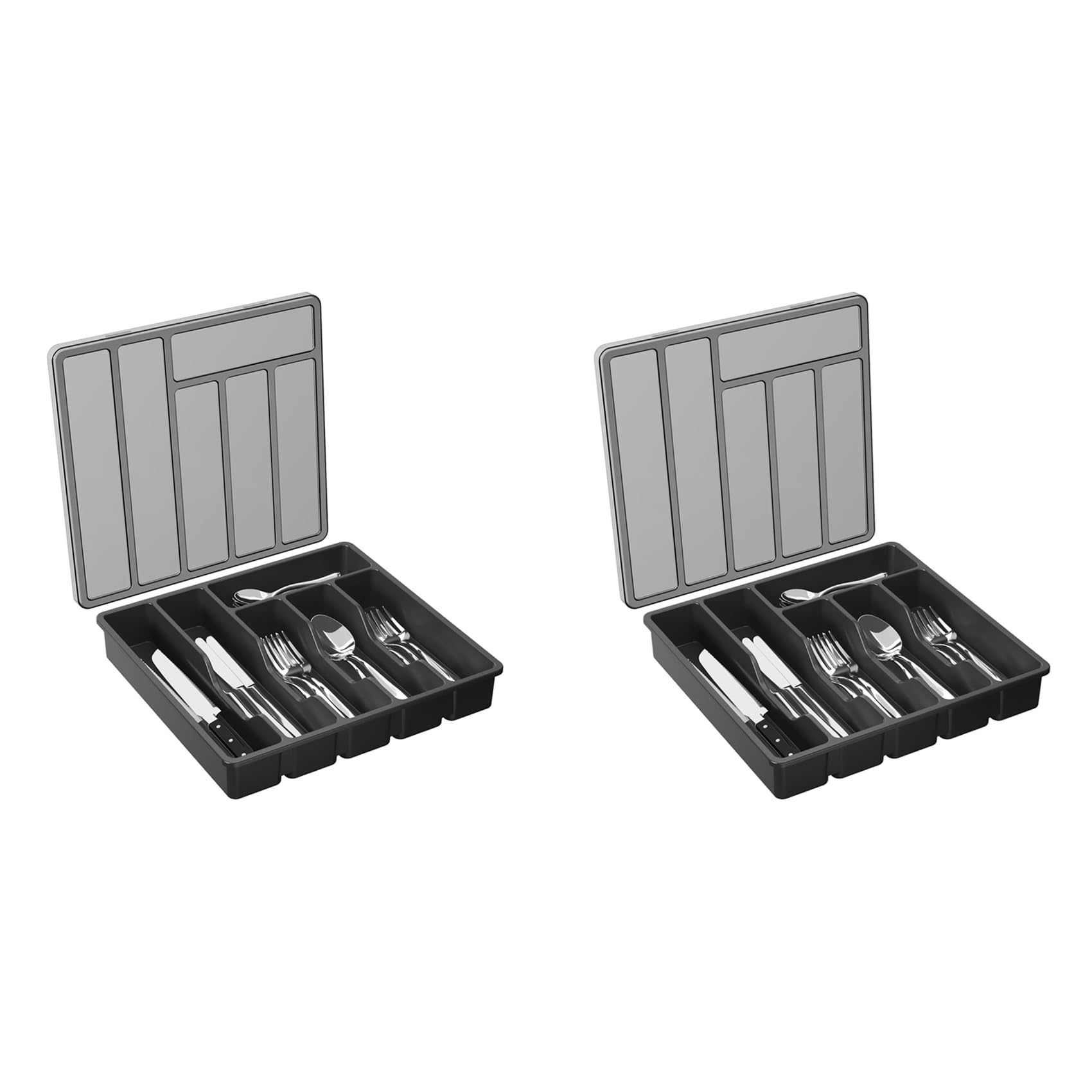 Hndhbfgrt 2X Silverware Organizer with Lid,Covered Utensil Tray for Kitchen Drawer Plastic Cutlery and Flatware Black