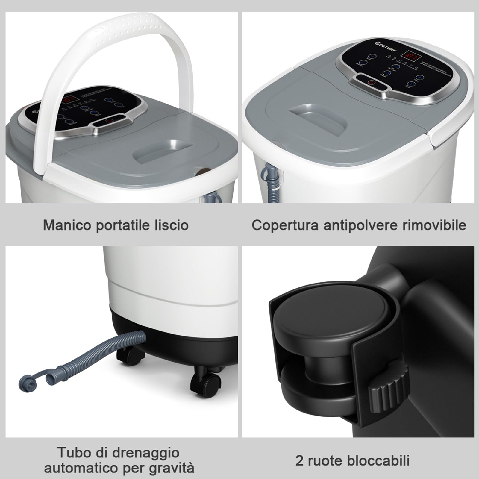 COSTWAY Idromassaggio per Piedi, Pediluvio Massaggiatore Plantare Massaggio Shiatsu, con Funzione Calore Timer e Rulli Luce a Infrarossi, 15L Idromassaggiatore (Grigio)