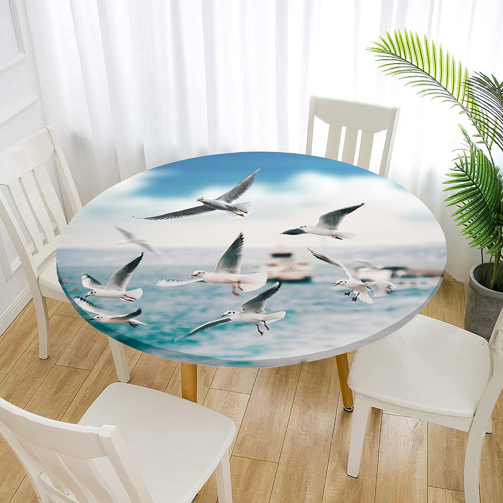 Nappe Ronde Anti-taches Morbuy - Bord élastique Ajusté, Imprimé Mouette Et Phare - Polyester Imperméable - Diamètre 90 Cm Pour Fêtes Et Quotidien