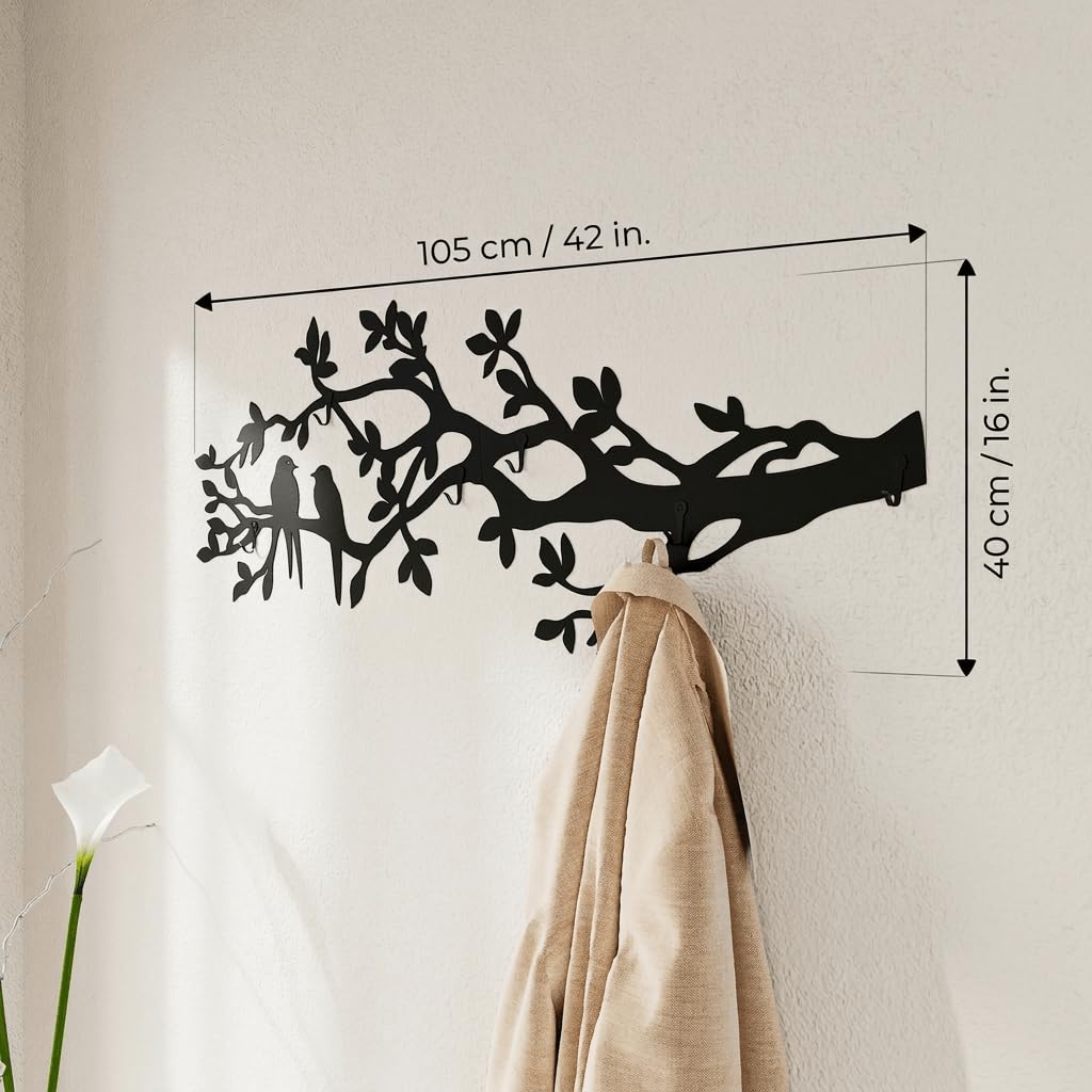 Appendiabiti da parete metallo nero 105 x 40 cm con design a ramo e uccelli — 6 ganci, acciaio verniciato a polvere portata 25 kg, ideale per ingresso, camera e ufficio, attaccapanni da muro