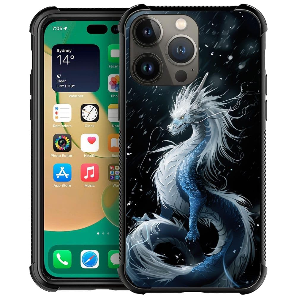 CARLOCA Compatible with iPhone 14 Pro Case,White Dragon Pattern Design for Girl Boy Shockproof Anti-Scratch Case for iPhone 14 Pro