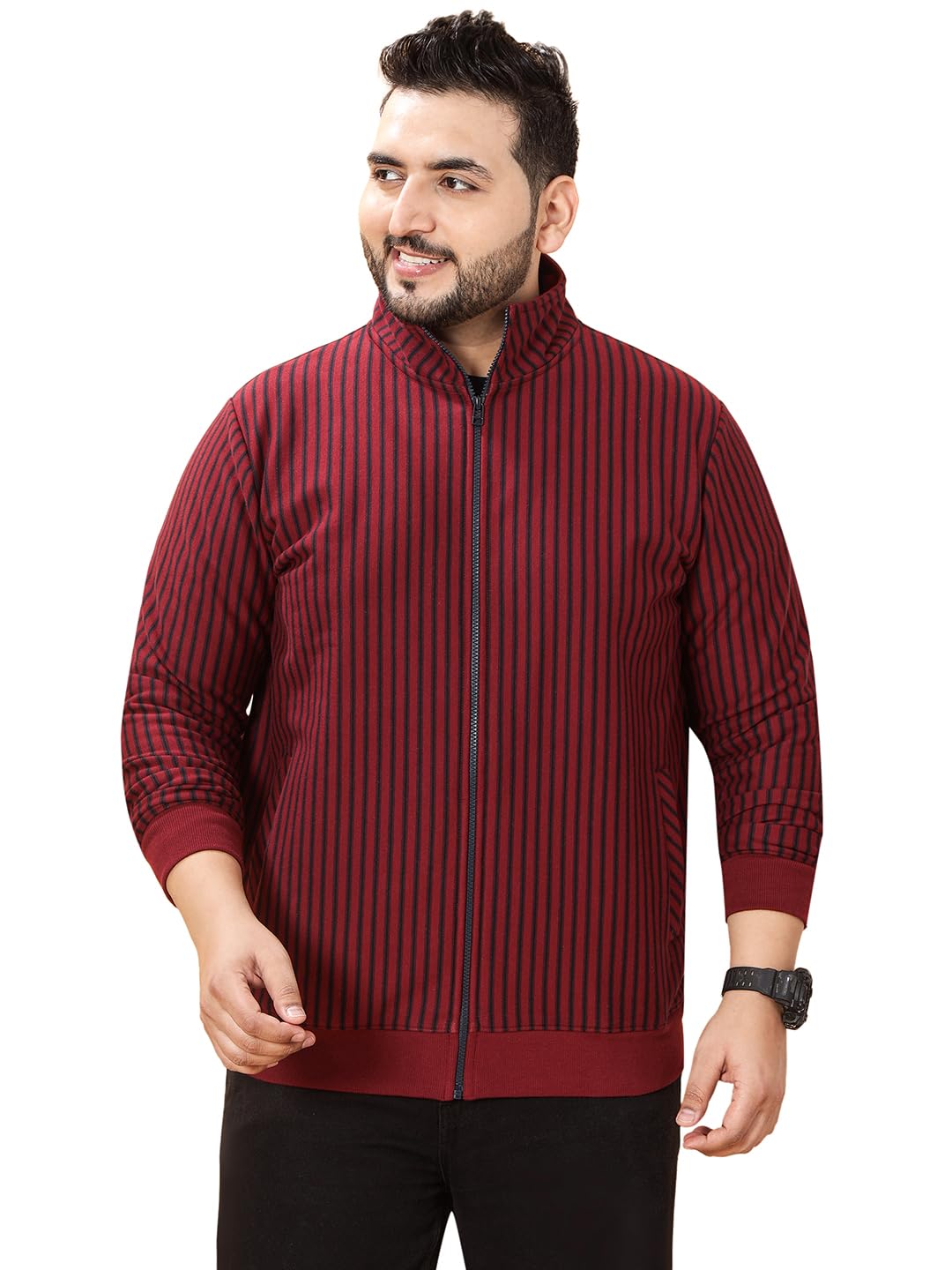 Plus Size Men Regular Fit Long Sleeves Mock Collar Striped Fleece Maroon Front-Open Sweatshirt(JPSWT75238_Maroon)-image-38