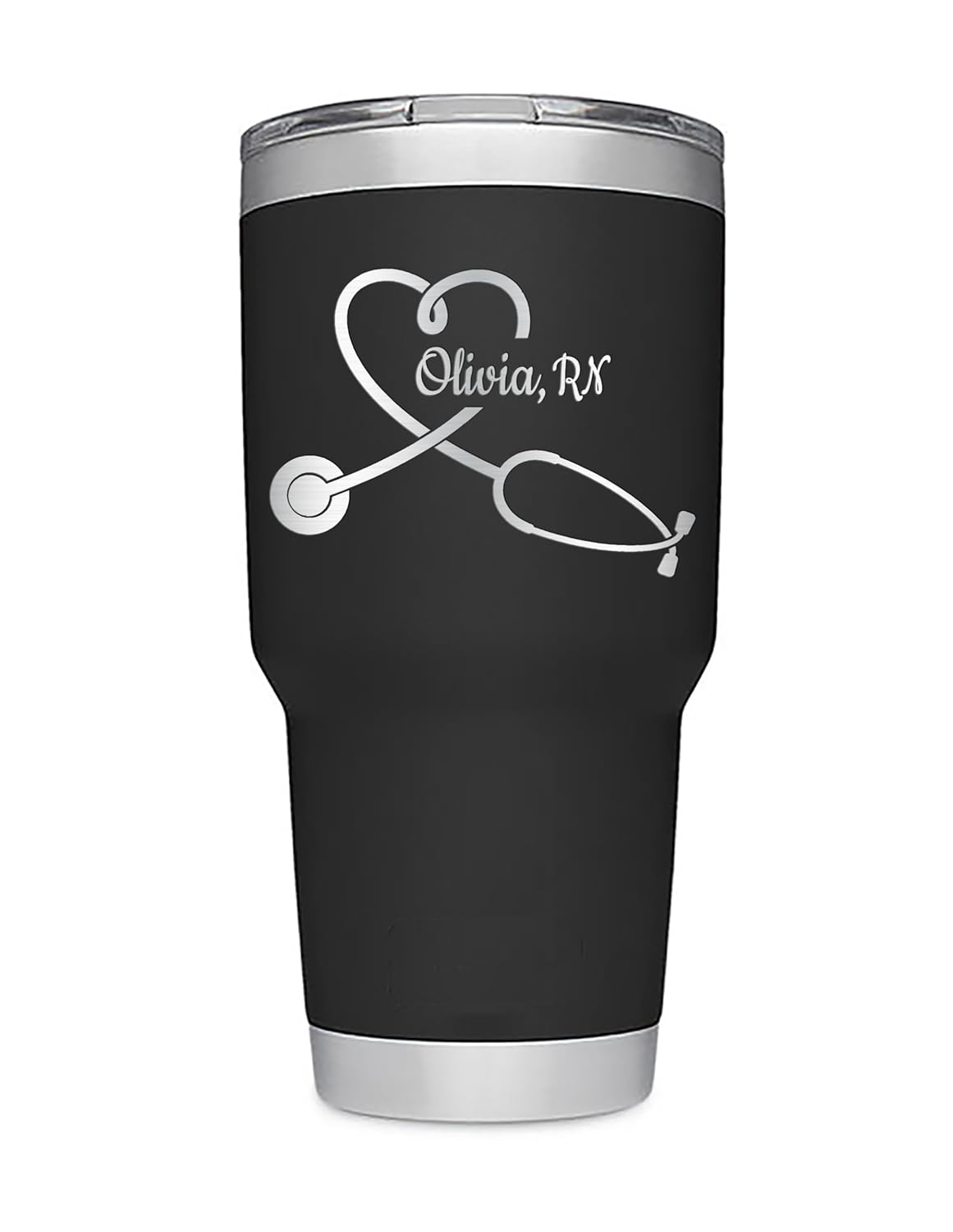 Personalized Stethoscope - Heart, Nurse, Doctor, Medical, First Responder Gift - Laser Engraved Tumblers, Straw Lid Mugs with Handle, and Chug Bottles. Available in Black, White, and Navy colors