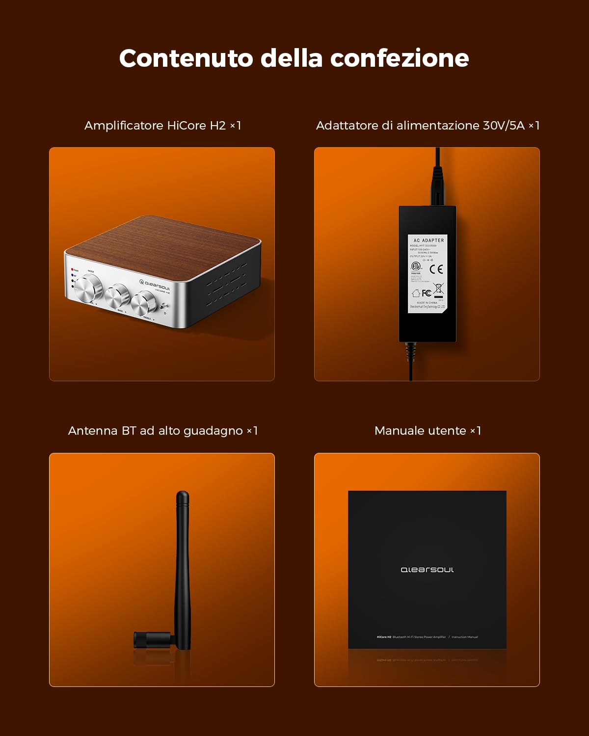 Qlearsoul HiCore H2 Amplificatore stereo Hi-Fi Bluetooth 5.4 - TI TPA3255 Classe D, uscita nominale 100W x2 (@4Ω), modalità BT anti-hijack, hub a 3 ingressi RCA/AUX/BT per altoparlanti passivi