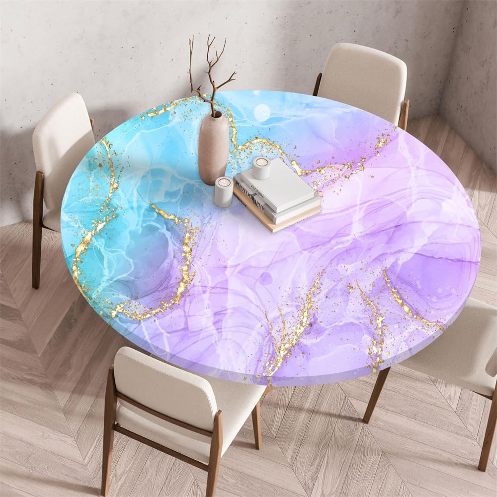 Morbuy Waterproof Elastic Fitted Round Tablecloth, Marble Oilcloth Table Cloths Stain Resistant Stretch Table Protector Cover for Home Coffee Restaurant Dining Picnic (Purple,60cm)