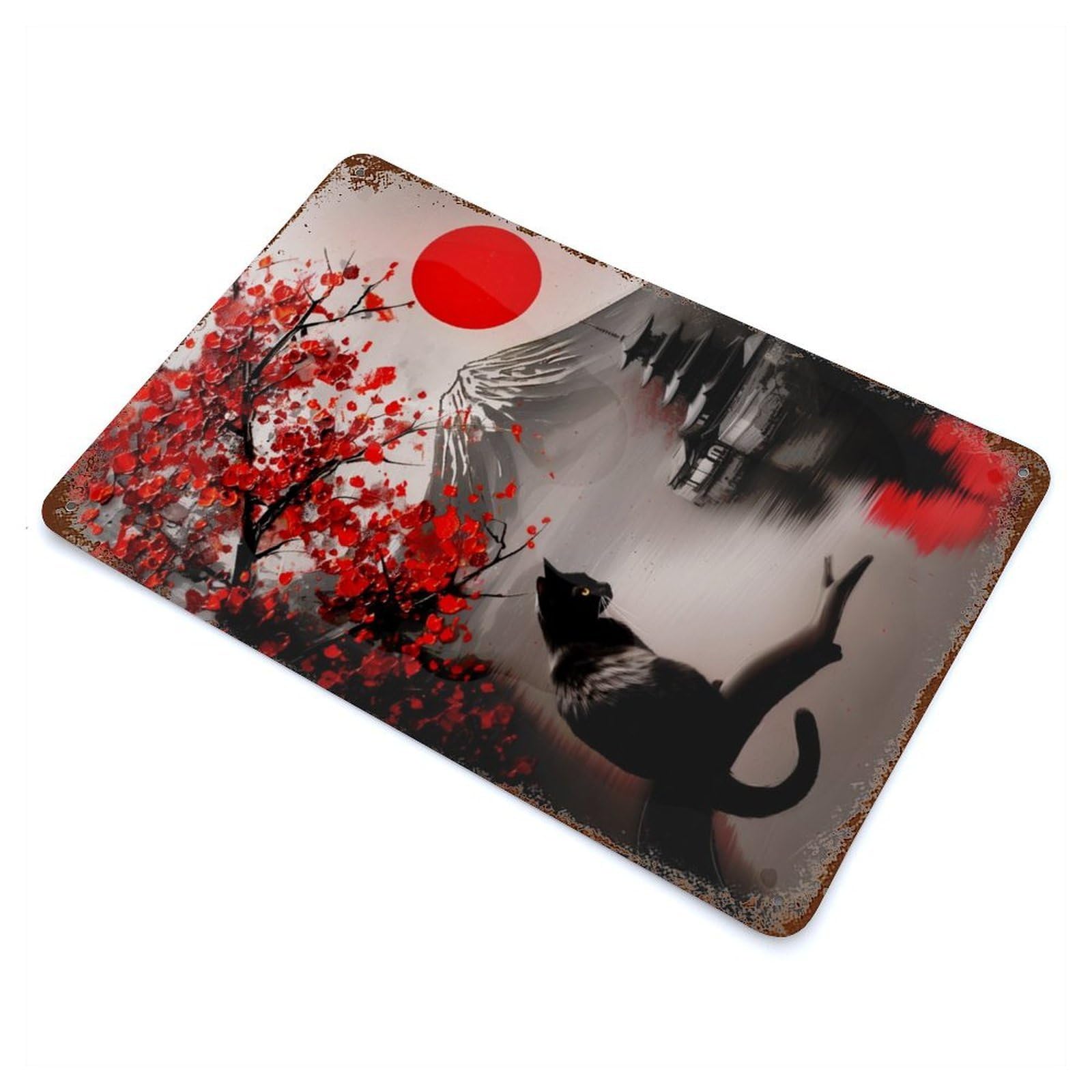 Abstract Fuji Mountain Feline Serene Painting Aged Metal Wall Plaque 11.8"x7.9", Old School Wall Decor for Garage, Bar And Workshop Decor