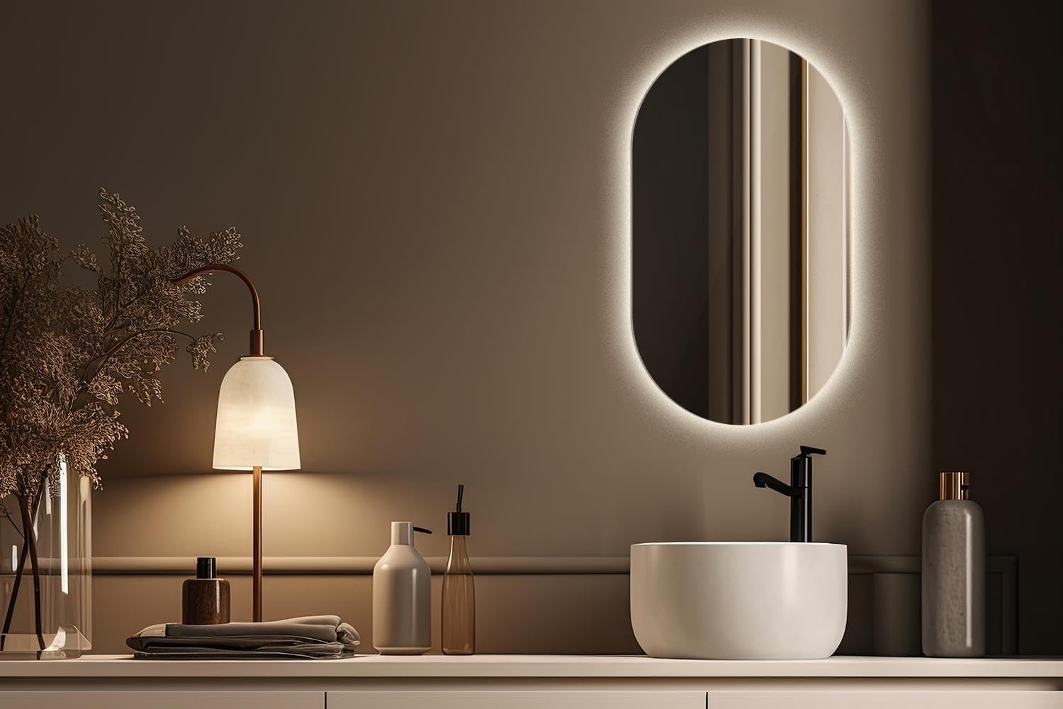 Specchio LED Ovale 46×80 cm da Parete Senza Cornice | Illuminazione Luce Calda 3000K | Specchio Moderno Minimal per Bagno, Camera, Ingresso e Zona Living