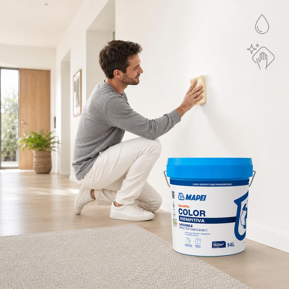 MAPEI Dursilite Color Idropittura Murale Riempitiva Lavabile per Interni, Bianco, Finitura Opaca, Professionale, 14 L