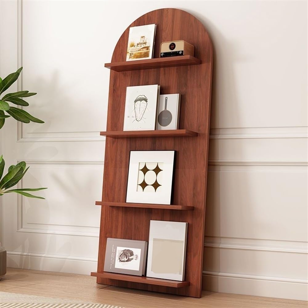 Floor-Standing Wood Bookcases, Tilt Arched Bookshelf, 3/4-Tier Brown Magazine Rack, Retro Arched Book Shelf for Home, Office, School, Newspaper Stand(