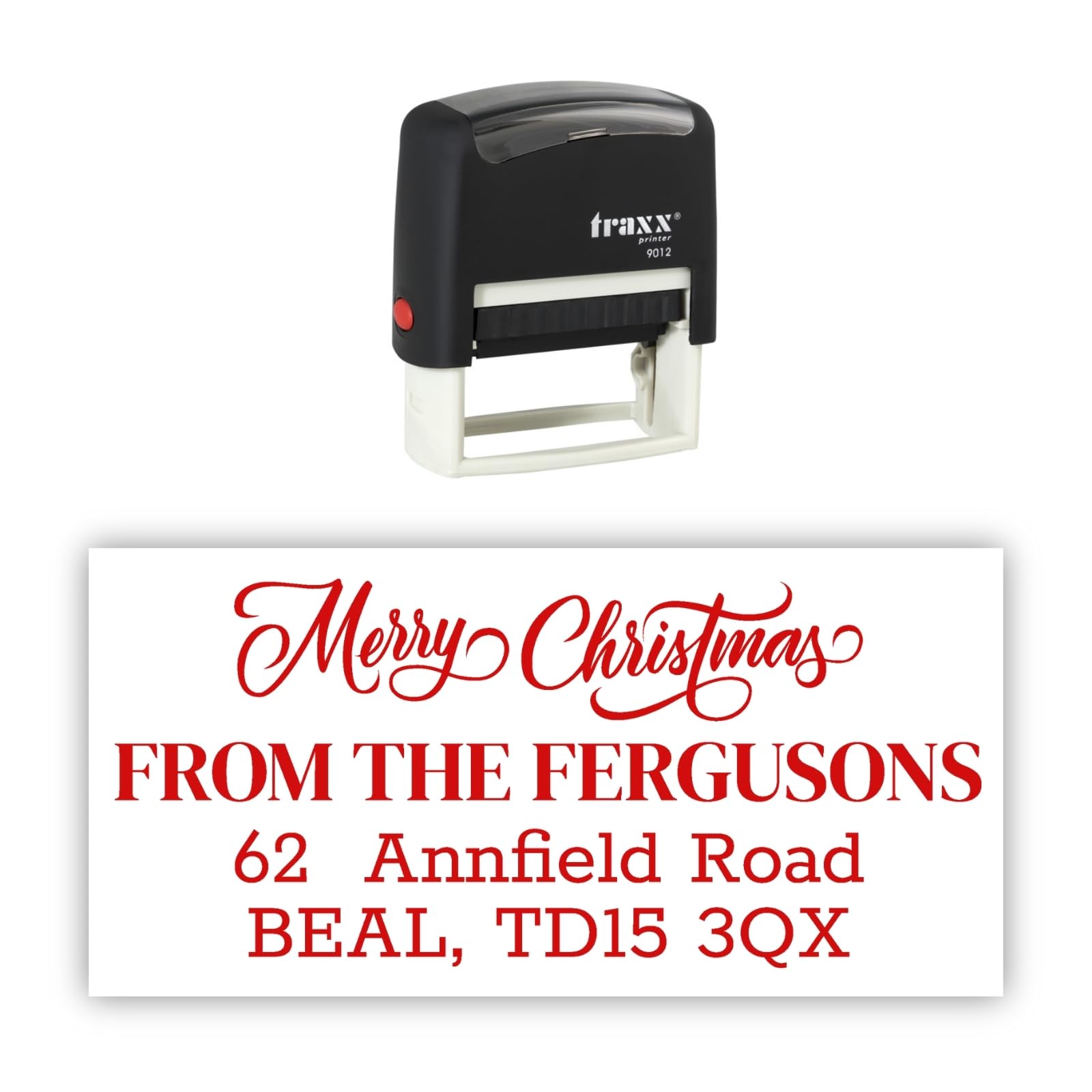 Traxx 9012 Personalised Christmas Self Inking Rubber Stamp - Merry Christmas with 3 Lines of Custom Text in Red Ink