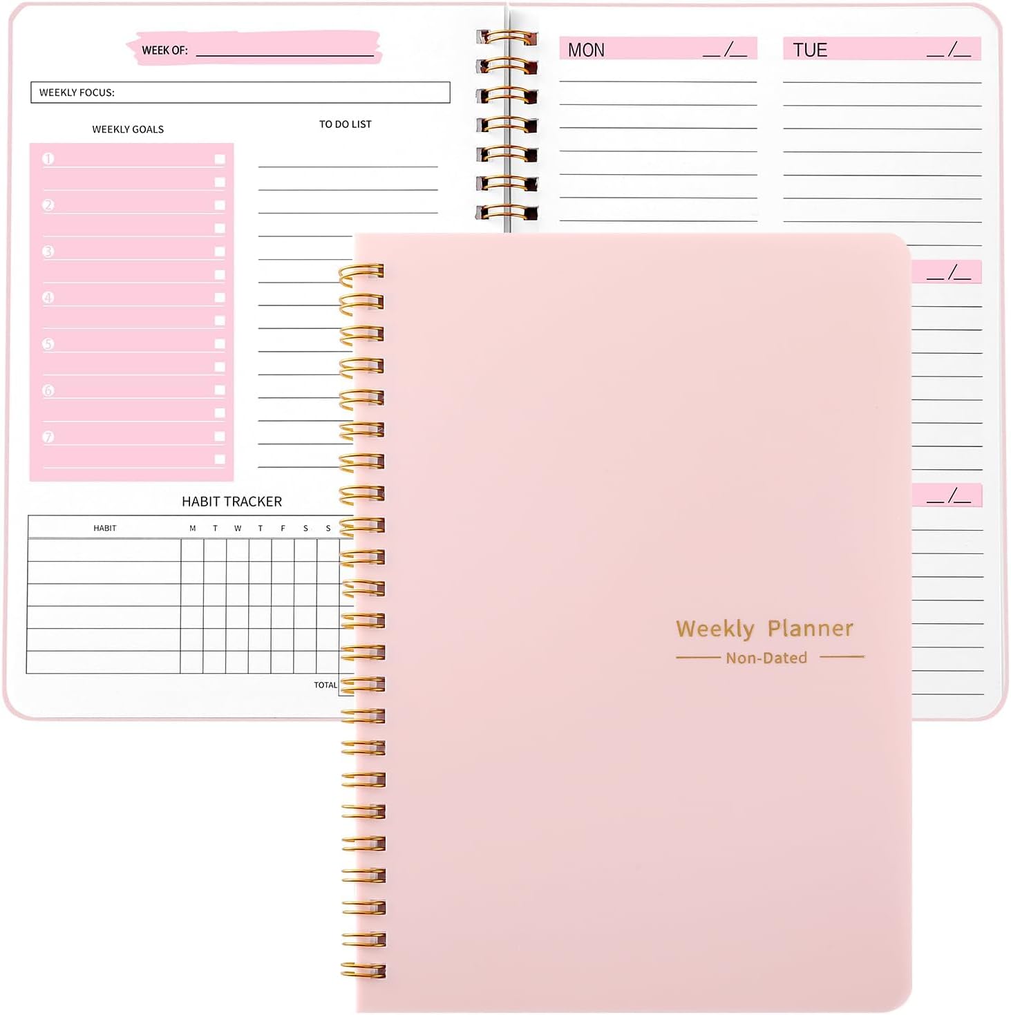 A5 Weekly Planner Notebook, Undated To Do List Notebook Diary 52 weeks of Daily Planner tracking for Daily life, Work, Students