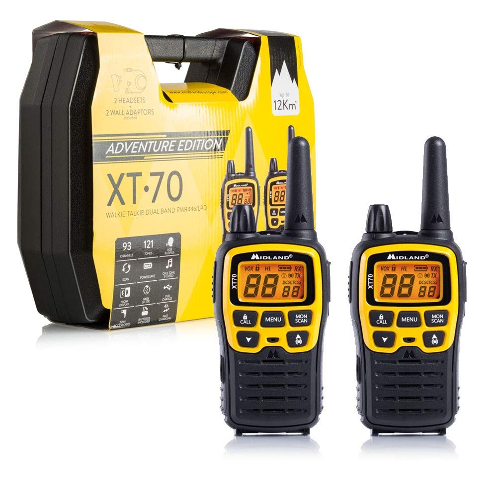 Midland XT70 Adventure PMR-Walkie Talkie Kofferset, 2x Funkgeräte mit bis zu 12 km Reichweite, mit LCD-Display und Micro-USB-Ladebuchse, für Kinder und Outdoor