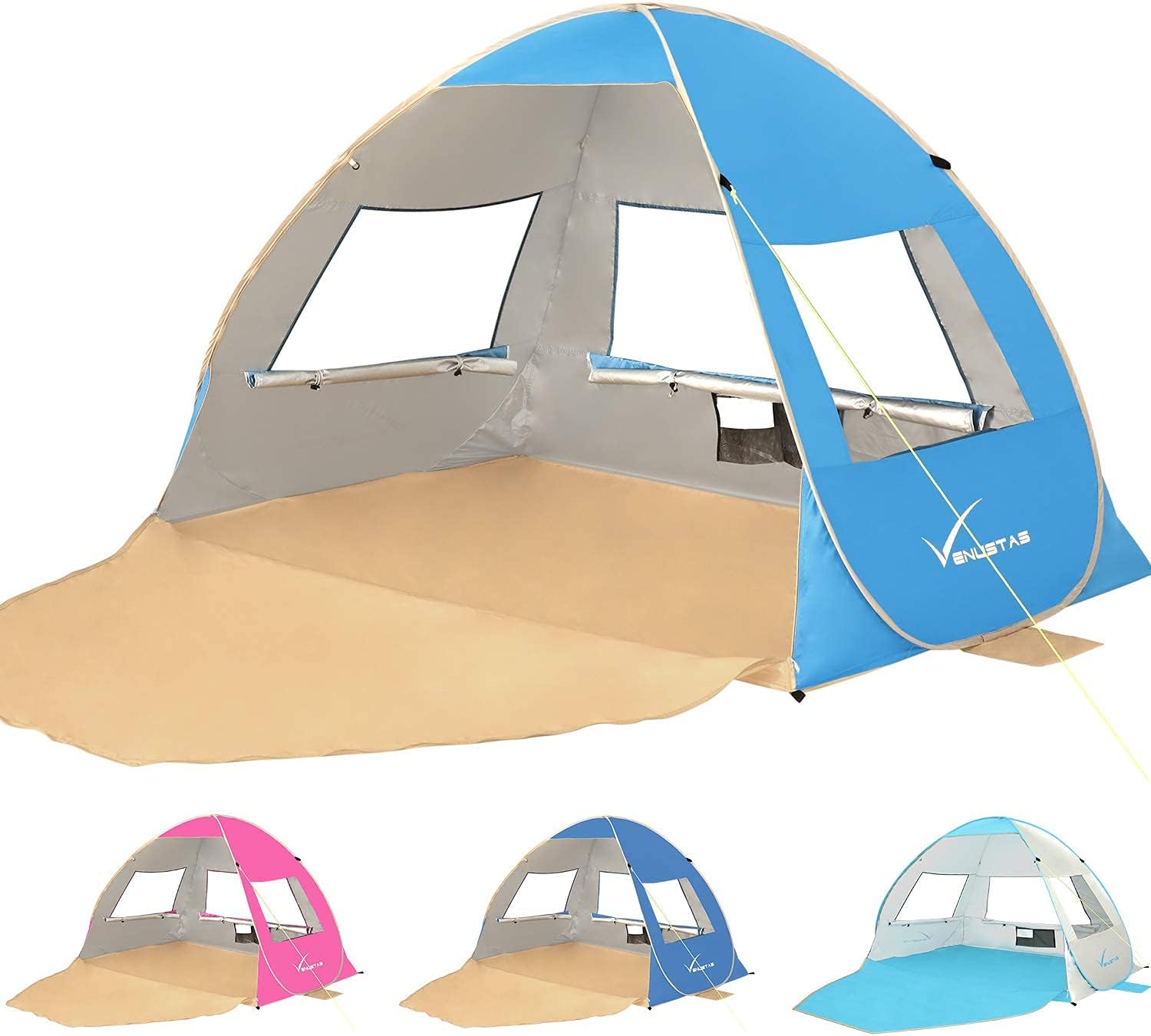 Venustas Beach Tent, Pop Up Beach Tent, Pop Up Beach Shade with UPF 50+, Portable Sun Shade Pop Up Tent, Light Weight Pop Up Beach Shade for 3-4 People