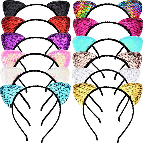 Tatuo 12 Pieces Glitter Cat Ear Headband Shine Sequins Cats Hair Hoop Bling Hairband Hair Accessories for Women Girls, 12 Colors