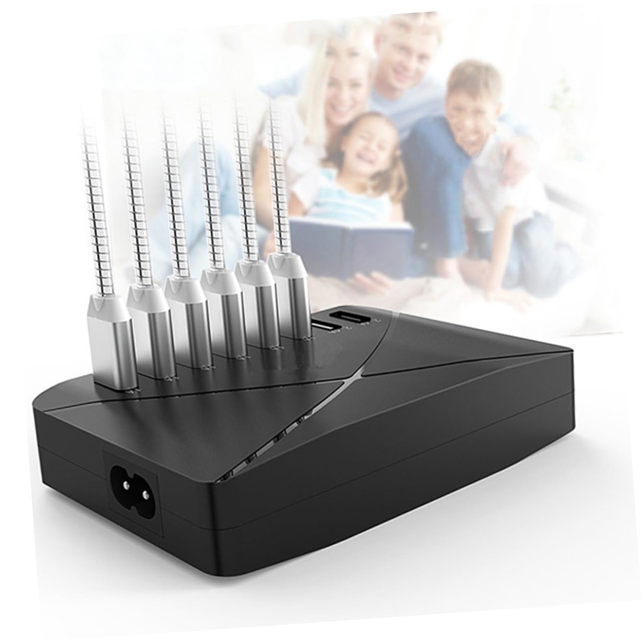 Caricatore Multi Porta USB Portatile 40w per Telefono e Diffusori | Riconoscimento Automatico, Design Salvaspazio, Abs Nero, per Comodino e Zona Tv